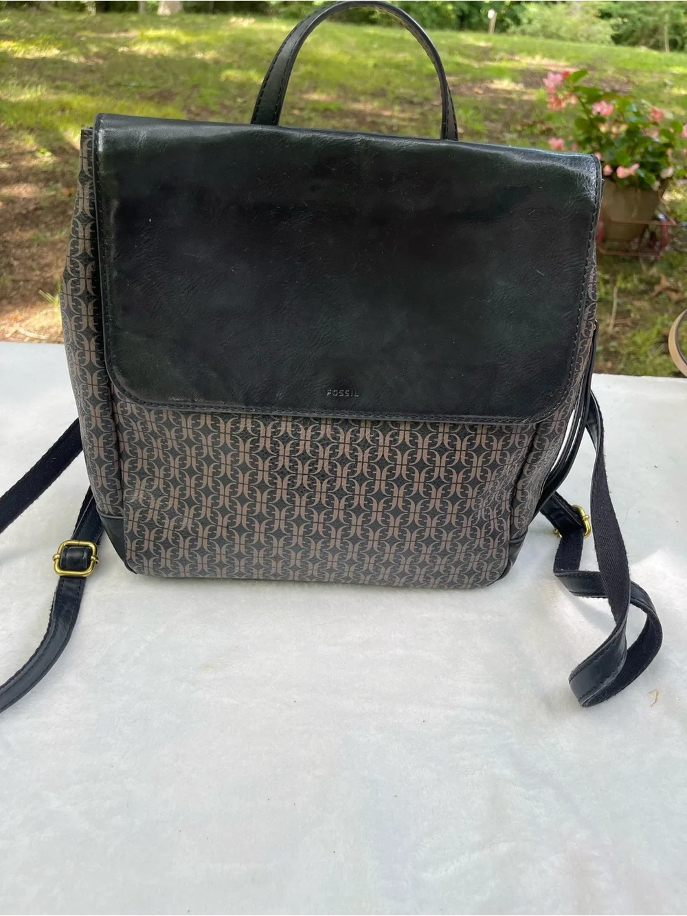 Fossil Black Leather Trim Brown Monogram Backpack